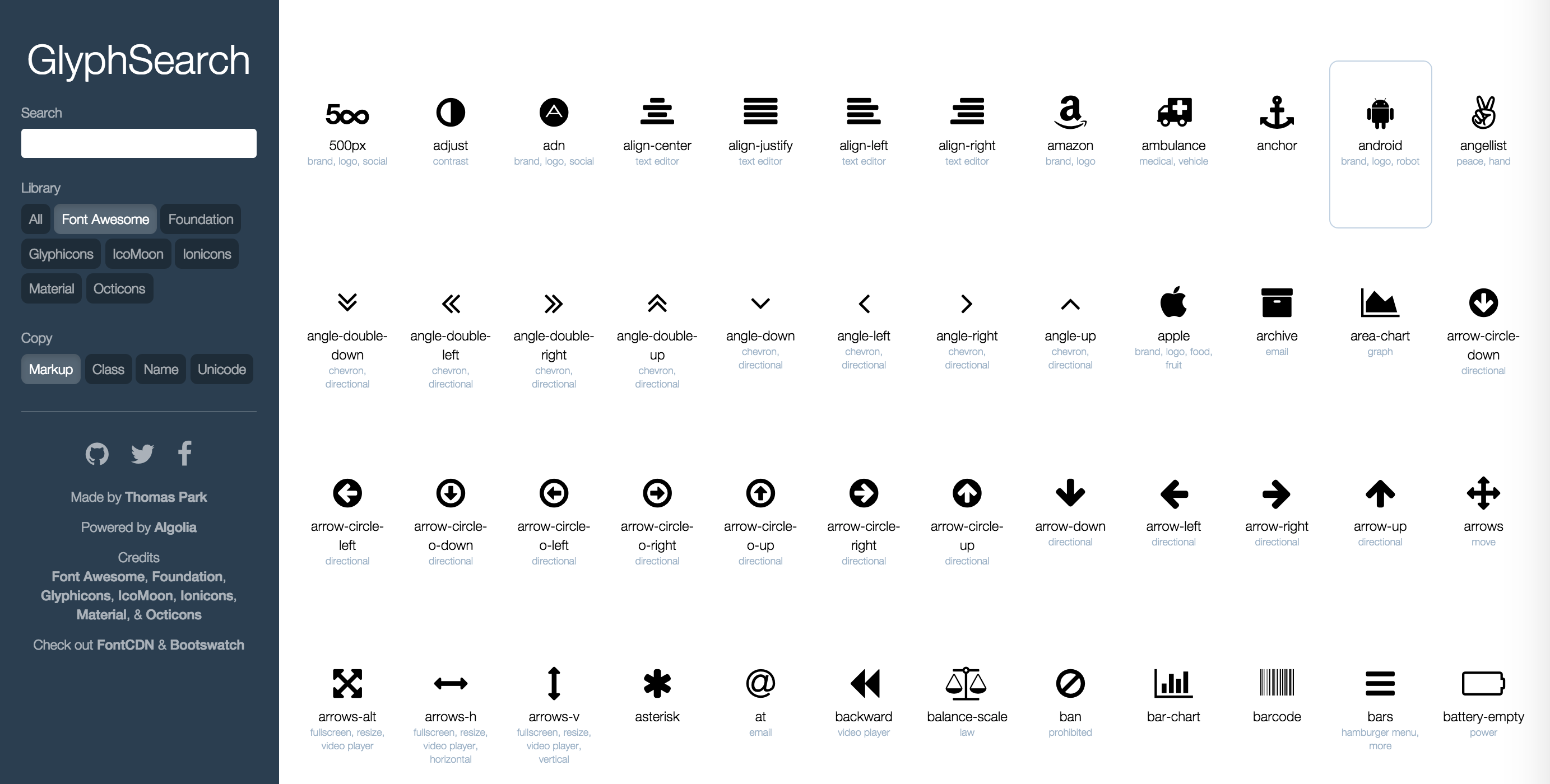 Glyphsearch Search For Icons From Font Awesome Foundation Glyphicons Icomoon Ionicons Material Design And Octicons
